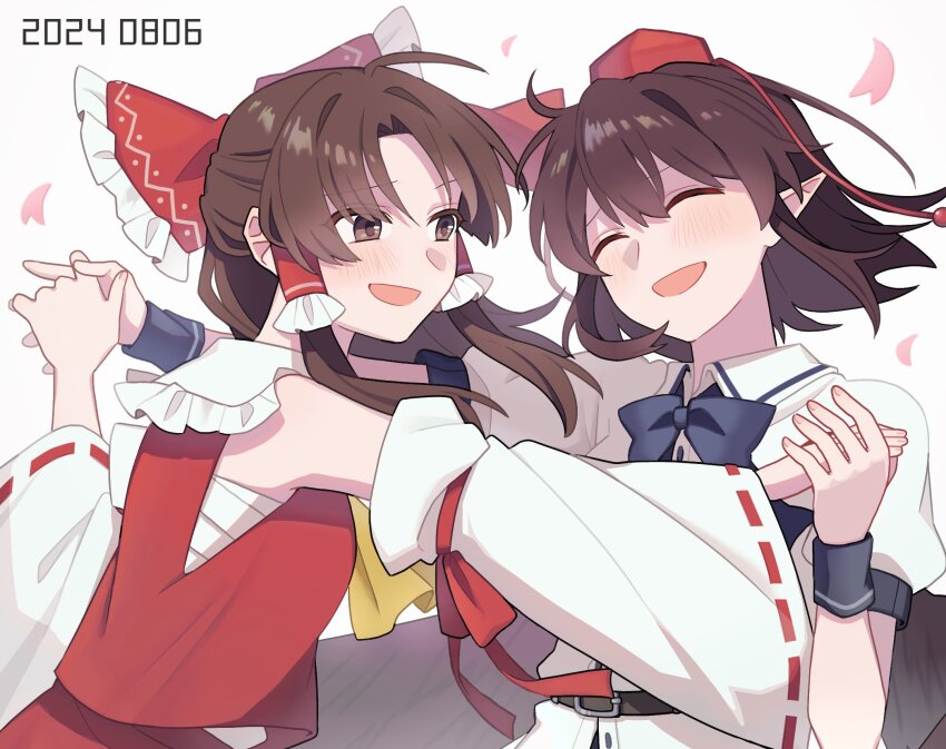 2girls ascot black_bow black_bowtie blush bow bowtie brown_eyes brown_hair closed_eyes collared_shirt commentary_request dated detached_sleeves frilled_bow frilled_hair_tubes frills hair_bow hair_tubes hakurei_reimu hat highres holding_hands long_hair multiple_girls open_mouth pointy_ears puffy_short_sleeves puffy_sleeves red_bow red_hat ribbon-trimmed_sleeves ribbon_trim sakic43899 shameimaru_aya shirt short_sleeves smile tokin_hat touhou white_shirt yellow_ascot yuri