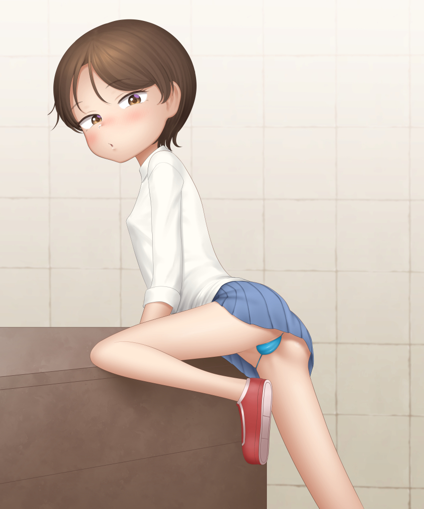 1girl absurdres bare_legs blue_panties blue_skirt blush breasts brown_eyes brown_hair cameltoe collared_shirt female_focus foot_out_of_frame highres long_sleeves looking_at_viewer original paid_reward_available panties parted_lips pixie_cut pleated_skirt red_footwear sc_naru shirt shoe_soles short_hair skirt small_breasts solo thighs underwear white_shirt