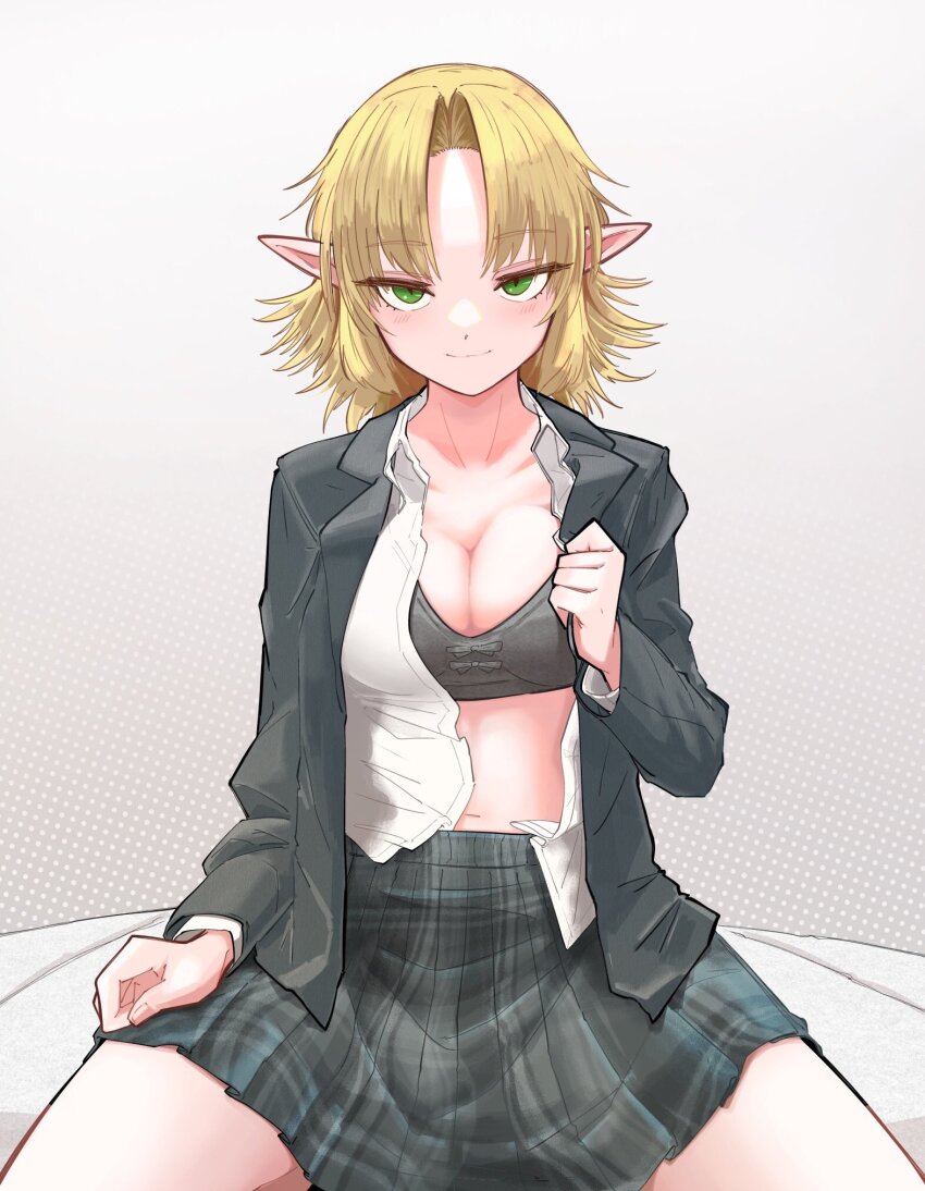 1girl alternate_costume black_bra black_jacket blazer blonde_hair blush bra breasts cleavage closed_mouth cookie_(touhou) cowboy_shot green_eyes grey_background grey_skirt highres jacket joker_(cookie) long_sleeves looking_at_viewer medium_breasts mizuhashi_parsee odoro_(nicoseiga81184094) open_clothes open_jacket open_shirt parted_bangs pointy_ears shirt short_hair sitting skirt smile solo touhou underwear white_shirt