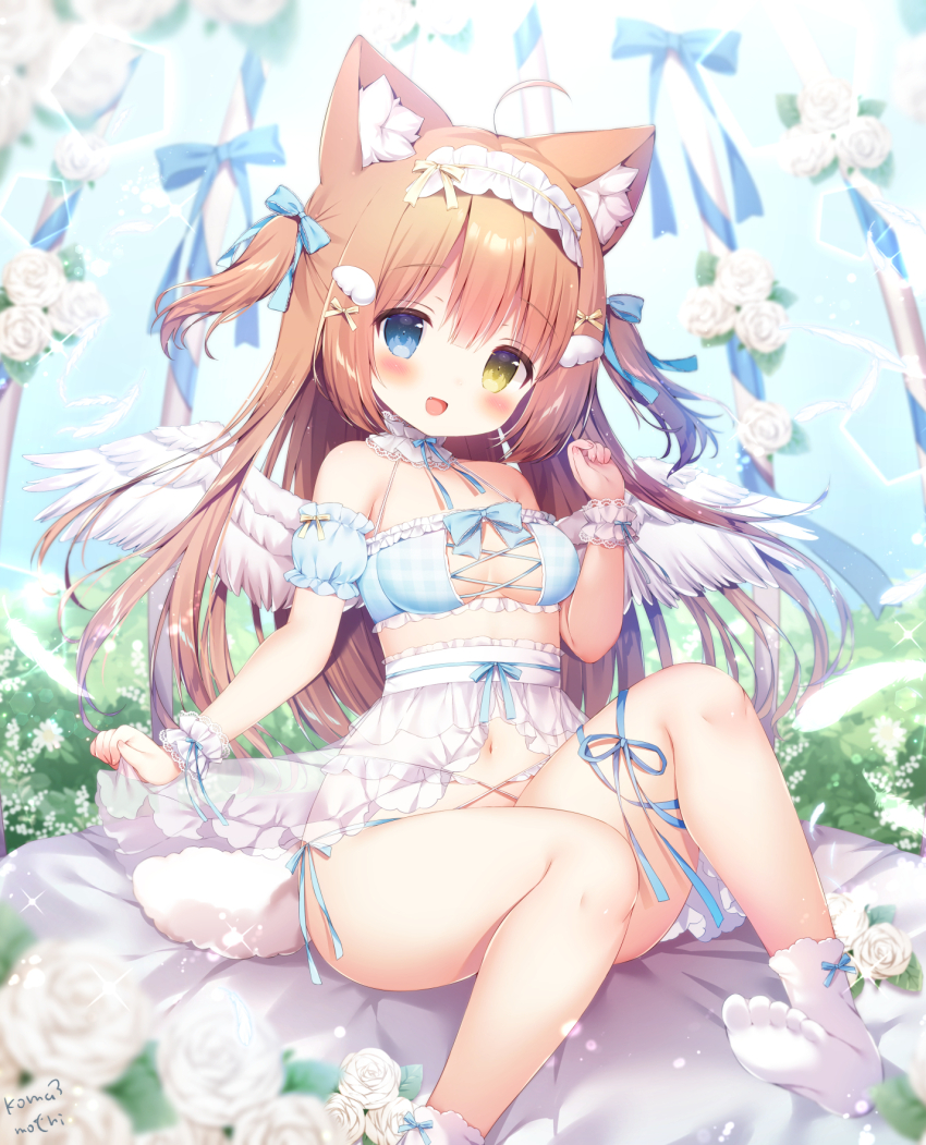 1girl ahoge angel_wings animal_ear_fluff animal_ears ankle_socks blue_eyes blue_shirt blue_sky bow breasts brown_hair commentary_request day detached_sleeves flower fox_ears frilled_sleeves frilled_wrist_cuffs frills hair_bow hairband heterochromia highres komako_(momozu_komamochi) lace-trimmed_wrist_cuffs lace_trim lolita_hairband long_hair medium_breasts momozu_komamochi navel open_mouth original outdoors panties partial_commentary puffy_short_sleeves puffy_sleeves rose shirt short_sleeves side-tie_panties sitting sky smile socks solo tareme toes two_side_up underwear very_long_hair white_flower white_rose white_socks white_wings wing_hair_ornament wings wrist_cuffs yellow_bow yellow_eyes