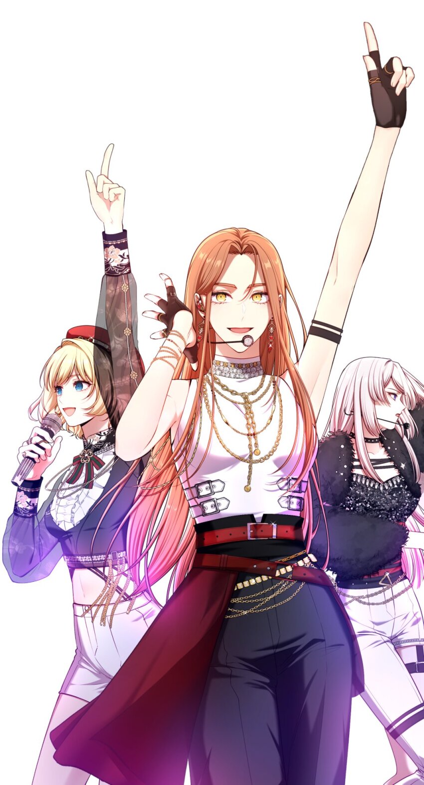 3girls arm_up armpits arms_up belt beware_the_villainess black_gloves black_pants black_ribbon black_shirt blonde_hair blue_eyes bracelet brown_hair choker collared_shirt gloves hand_up hands_up hat highres idol idol_clothes jewelry long_hair looking_at_viewer melissa_foddebrat michrophone multiple_girls navel open_mouth pants purple_eyes ribbon shirt simple_background smile very_long_hair white_background white_hair white_pants white_shirt yellow_eyes yona_whitefall yuri_elizabeth