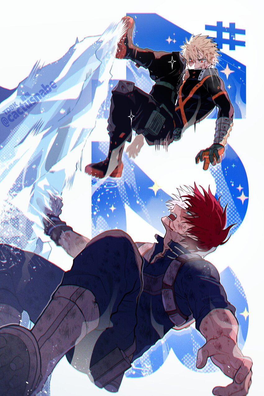 2boys absurdres armored_gloves bakugou_katsuki black_footwear black_jacket black_pants blonde_hair blue_shirt boku_no_hero_academia boots cactusnabe foot_out_of_frame grey_footwear grin hair_between_eyes hashtag highres ice jacket long_sleeves male_focus multicolored_hair multiple_boys pants red_eyes red_hair shirt short_hair smile sparkle teeth todoroki_shouto twitter_username two-tone_footwear two-tone_hair white_hair