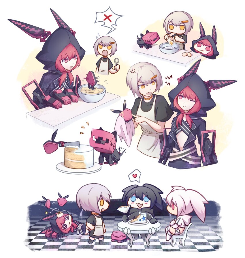 3girls absurdres animal_hood baking black_jacket black_rock_shooter black_rock_shooter_(character) black_rock_shooter_(game) blue_eyes cake chibi drone food grey_hair highres hood jacket medium_hair mehyuew39 multiple_girls nafhe nana_(black_rock_shooter) pink_eyes pink_hair rabbit_hood shorts stella_(black_rock_shooter) twintails uneven_twintails white_hair white_jacket white_rock_shooter white_shorts yellow_eyes