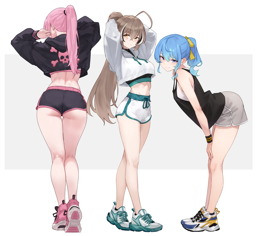 3girls absurdres ahoge arms_up ass bare_arms black_hair black_jacket black_shirt black_shorts black_sports_bra blue_eyes blue_hair bluefield blush breasts brown_hair closed_mouth commentary crop_top dolphin_shorts from_behind green_footwear grey_background grey_hair grey_shorts hair_ribbon highres hololive hololive_english hoshimachi_suisei jacket kneepits large_breasts leaning_forward long_hair long_sleeves looking_at_viewer median_furrow mori_calliope multicolored_hair multiple_girls nanashi_mumei pink_footwear pink_hair ponytail ribbon shirt shoe_soles shoes shorts skull_print sleeveless sleeveless_shirt smile sneakers sports_bra star_(symbol) star_in_eye streaked_hair symbol_in_eye thighs two-tone_background virtual_youtuber white_background white_footwear white_jacket white_shorts yellow_eyes yellow_ribbon