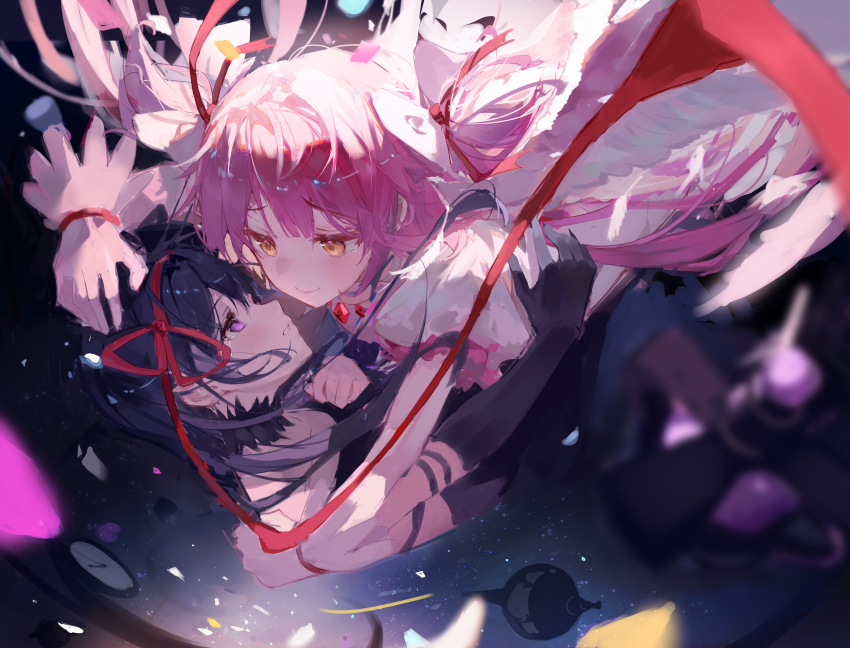 2girls absurdres akemi_homura akuma_homura bare_shoulders black_hair chenyan choker commentary_request dress elbow_gloves falling gloves hair_ribbon highres kaname_madoka long_hair magical_girl mahou_shoujo_madoka_magica mahou_shoujo_madoka_magica:_hangyaku_no_monogatari multiple_girls pink_dress pink_eyes pink_hair purple_eyes red_ribbon ribbon skirt smile twintails ultimate_madoka yellow_eyes yuri