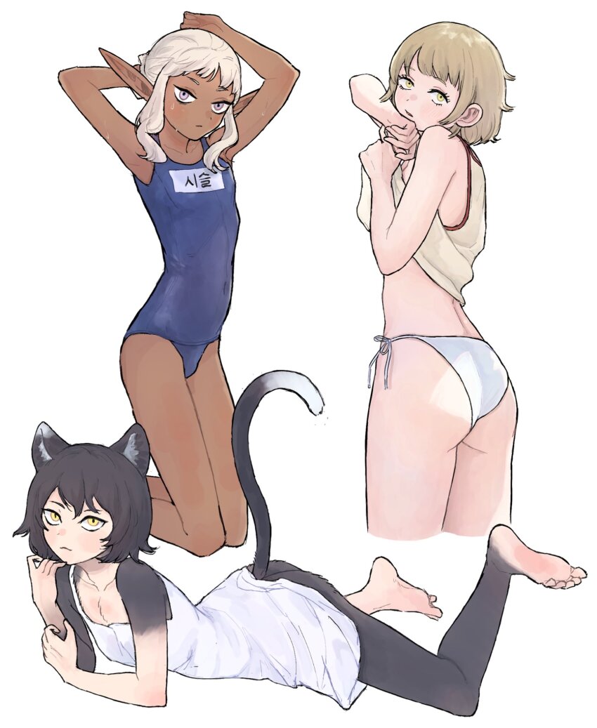 1boy 2girls alternate_costume androgynous arms_up ass bags_under_eyes barefoot bikini black_hair blonde_hair cat_girl clothes_lift cowboy_shot cropped_legs crossdressing dark-skinned_male dark_skin dress dungeon_meshi elf falin_touden falin_touden_(tallman) full_body hair_bun izutsumi japanese_text kneeling looking_at_viewer lying mchi125 multiple_girls on_stomach one-piece_swimsuit parted_lips pointy_ears purple_eyes shirt_lift short_hair side-tie_bikini_bottom sundress swimsuit tank_top thistle_(dungeon_meshi) trap wet white_hair yellow_eyes