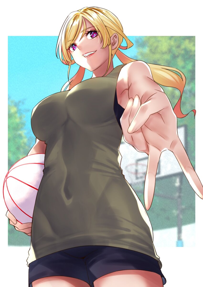 1girl ball basketball_(object) basketball_hoop black_shorts black_sports_bra blonde_hair border breasts commentary_request covered_navel cowboy_shot foreshortening from_below grin gyaru_v highres holding holding_ball jersey large_breasts long_hair looking_at_viewer looking_down original outdoors outside_border purple_eyes shinjou_takuya shorts smile solo sports_bra sports_bra_peek standing swept_bangs v white_border