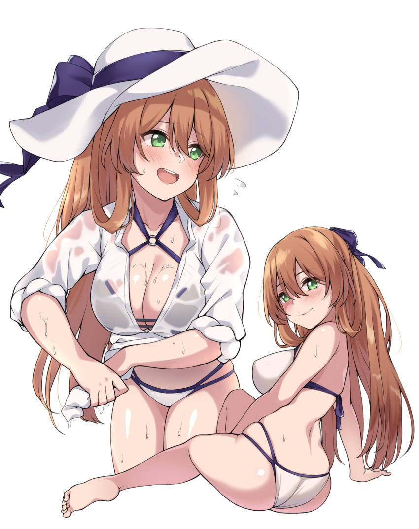 1girl armpits ass barefoot bikini blush breasts brown_hair cleavage closed_mouth collarbone crossed_legs from_behind girls&#039;_frontline green_eyes groin hair_between_eyes hair_rings half-closed_eyes hand_up highres large_breasts leaning_forward long_hair looking_at_viewer looking_back multiple_views navel official_alternate_costume open_mouth ribbon sidelocks simple_background sitting skindentation smile spicy_moo springfield_(girls&#039;_frontline) springfield_(stirring_mermaid)_(girls&#039;_frontline) stomach swimsuit thighs wet wet_clothes white_background wringing_clothes