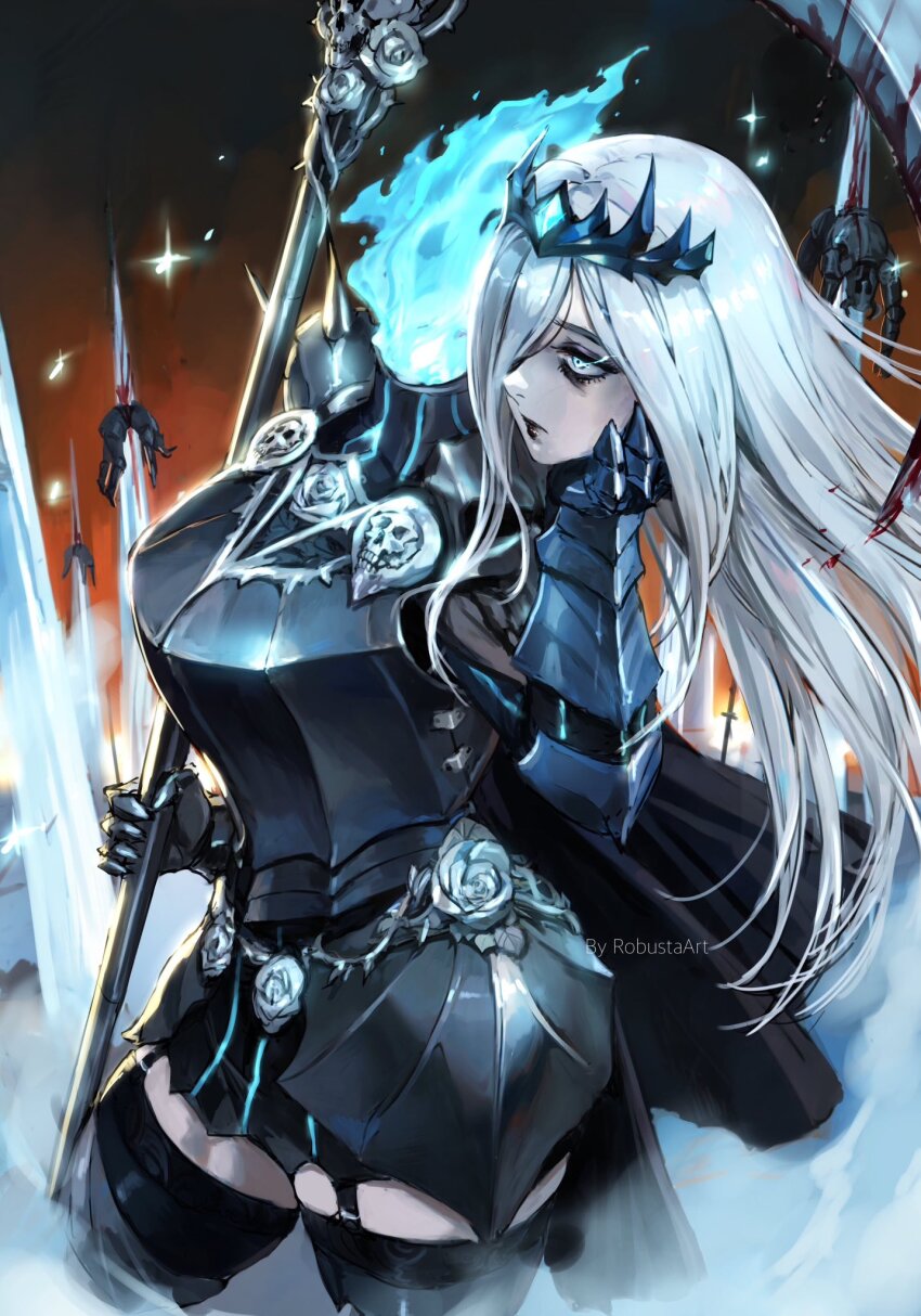 1girl 3others armor artist_name blood blue_fire breastplate commentary death disembodied_head dullahan english_commentary fire garter_straps grey_hair hair_over_one_eye highres holding_detached_head impaled multiple_others original red_lips robusta_mania tiara twitter_username white_hair