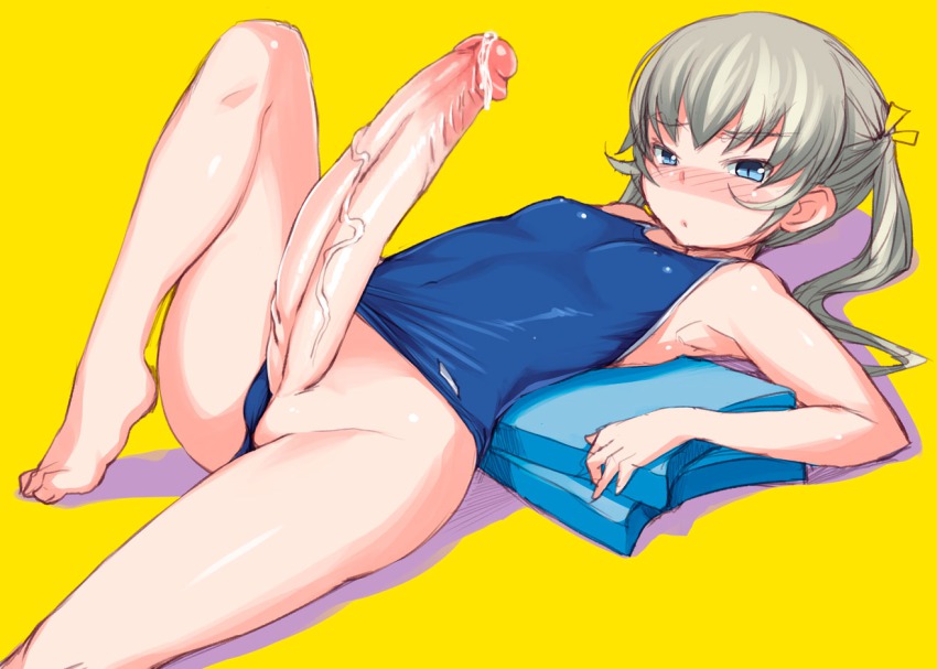 10s 1futa armpits asakura_mao barefoot blonde_hair blue_eyes blush bosshi clothing_aside competition_school_swimsuit covered_erect_nipples embarrassed erection feet flat_chest futabu futanari grey_hair hair_ribbon huge_penis kickboard leg_up long_hair looking_at_viewer lying male_focus no_testicles on_back one-piece_swimsuit penis precum ribbon school_swimsuit shadow simple_background sketch solo swimsuit swimsuit_aside third-party_edit tiptoes twintails uncensored veins veiny_penis yellow_background