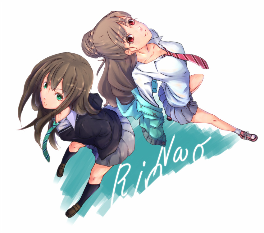 10s 2girls brown_hair cardigan green_eyes highres idolmaster idolmaster_cinderella_girls kamiya_nao long_hair multiple_girls necktie red_eyes school_uniform sei2makoto shibuya_rin shibuya_susano skirt smile