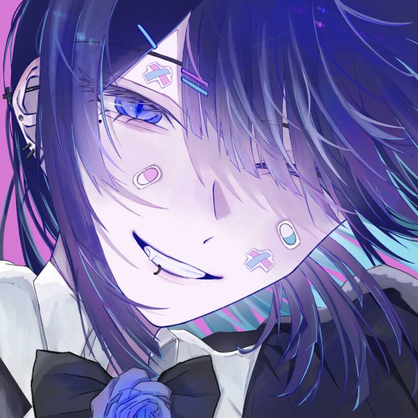 1girl ado_(utaite) barbell_piercing black_bow black_bowtie blue_eyes blue_flower blue_hair blue_rose bow bowtie carlos_jpg chando_(ado) clenched_teeth collared_shirt ear_piercing fang flower flower_brooch hair_ornament hairclip industrial_piercing looking_at_viewer mole mole_under_eye one_eye_closed piercing pink_background portrait rose shirt sidelocks simple_background solo teeth utaite white_shirt