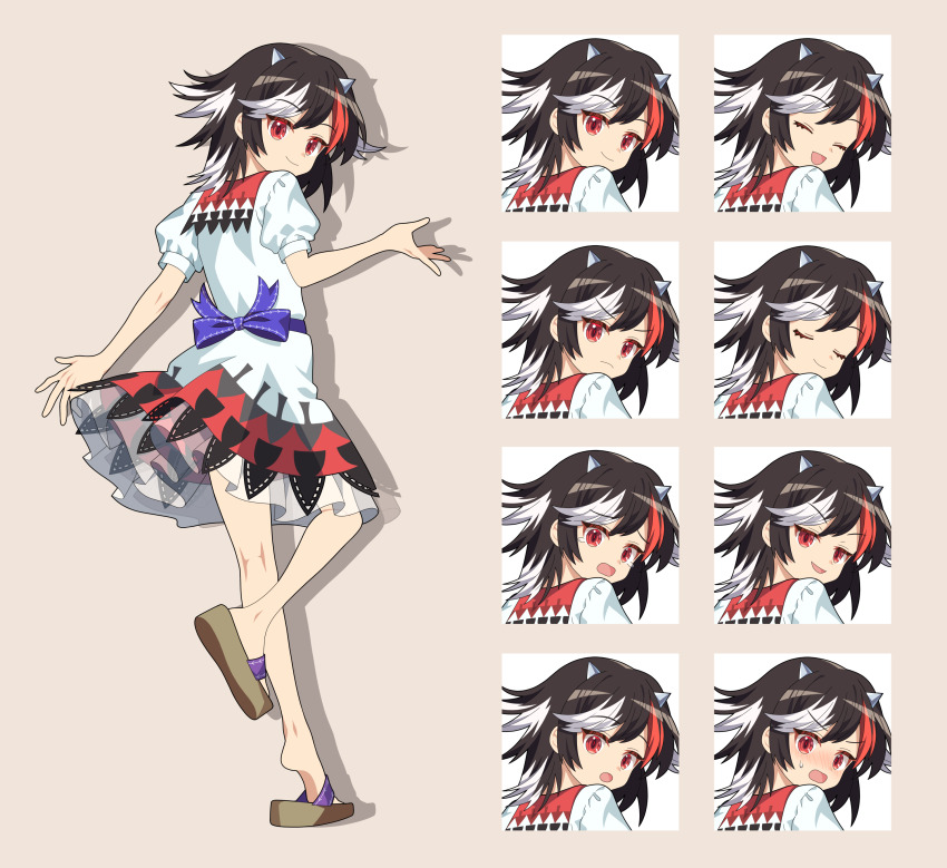 1girl 4rion absurdres arrow_(symbol) arrow_print black_bow black_dress black_hair bow brown_footwear commentary_request cone_horns dress full_body grey_horns highres horns kijin_seija kneepits multicolored_hair multiple_expressions puffy_short_sleeves puffy_sleeves purple_sash red_dress red_eyes red_hair sand sash short_sleeves small_horns soles solo standing streaked_hair tachi-e touhou waist_bow white_dress white_hair white_horns