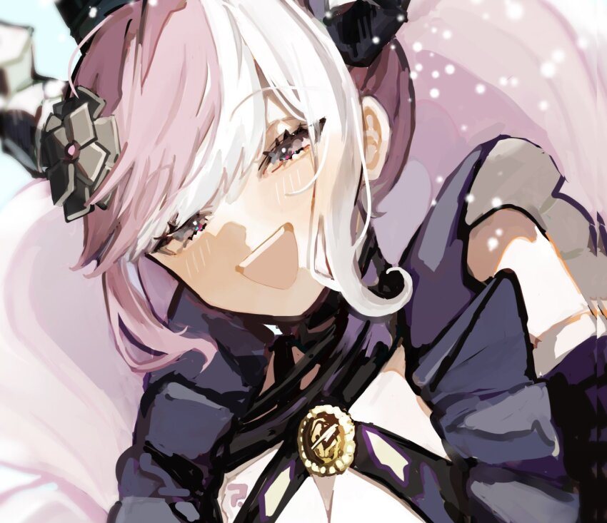 1girl :d black_dress black_flower black_horns breasts cleavage commentary_request criss-cross_halter crown dress flower hair_flower hair_ornament half-closed_eyes halterneck hanada_isuzu highres horns looking_at_viewer master_detective_archives:_rain_code medium_breasts multicolored_hair open_mouth pink_eyes pink_hair shinigami_(rain_code) smile solo two-tone_hair upper_body white_hair