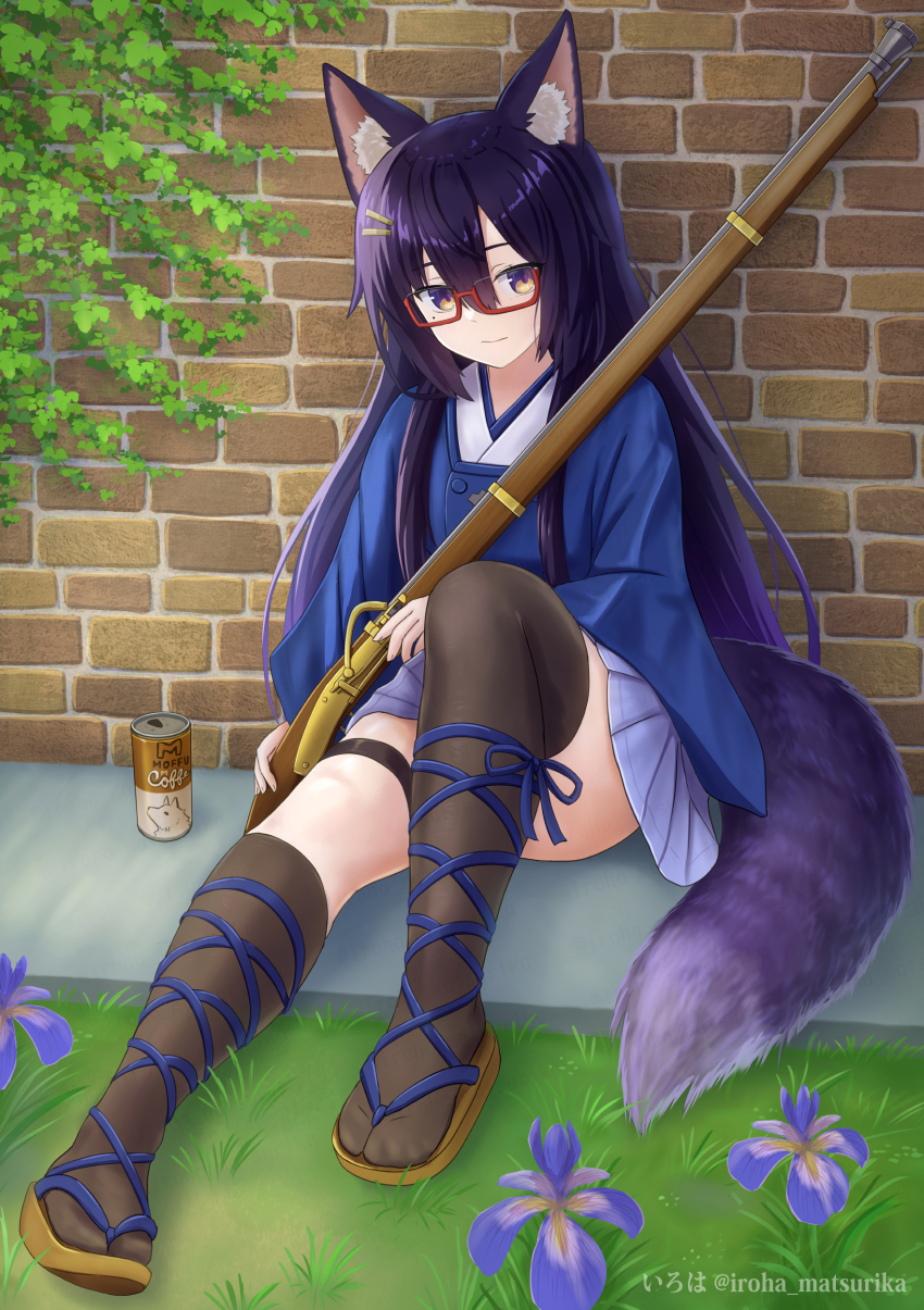 1girl absurdres animal_ear_fluff animal_ears antique_firearm arquebus black_hair black_thighhighs blue_skirt brick_wall brown_eyes brown_footwear can canned_coffee closed_mouth drink_can firearm firelock glasses gun hair_between_eyes hair_ornament hairclip highres iroha_(iroha_matsurika) japanese_clothes kimono knee_up long_hair long_sleeves matchlock mole mole_under_eye original pleated_skirt purple_eyes red-framed_eyewear sandals semi-rimless_eyewear sitting skirt solo tail thighhighs twitter_username under-rim_eyewear very_long_hair weapon white_kimono wide_sleeves wolf_ears wolf_girl wolf_tail zouri