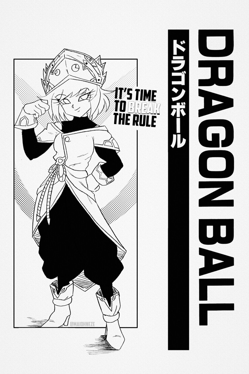 1girl absurdres aeos_(dragon_ball) baggy_pants closed_mouth dragon_ball dragon_ball_heroes english_text gloves greyscale hand_on_own_hip hand_up high_heels highres maiohneze monochrome pants short_hair smile solo swept_bangs tiara twintails