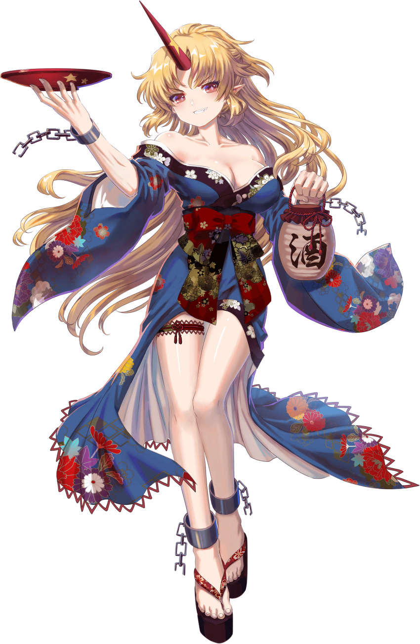 1girl absurdres ankle_cuffs blonde_hair blue_kimono bottle breasts chain cleavage collarbone cup fang feet game_cg grin highres holding holding_cup horns hoshiguma_yuugi japanese_clothes kimono kumio large_breasts legs non-web_source okobo pointy_ears red_eyes red_horns red_ribbon ribbon sakazuki sake_bottle sandals single_horn smile star_(symbol) tachi-e thigh_strap toenails toes tokkuri touhou touhou_blooming_chaos wrist_cuffs yukata