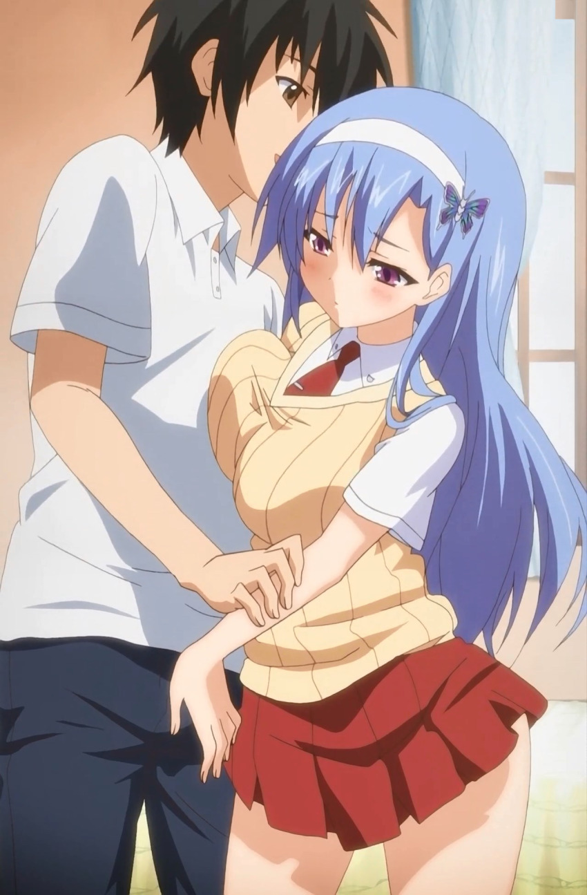 1boy 1girl anime_screenshot blue_hair breasts brother_and_sister hair_ornament hetero imouto_paradise! imouto_paradise!_2 incest large_breasts long_hair nanase_ririna panties pantyhose purple_eyes sex siblings stitched third-party_edit underwear