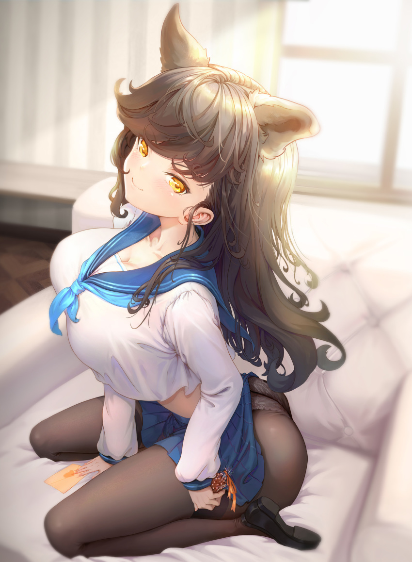 1girl absurdres animal_ears ass atago_(azur_lane) azur_lane bag between_legs black_hair black_pantyhose black_shoes blouse blue_sailor_collar blue_skirt breasts chocolate dog_ears envelope extra_ears female_focus food full_body hair_between_eyes hand_between_legs highres holding holding_chocolate holding_food indoors large_breasts long_hair long_sleeves looking_at_viewer miniskirt neckerchief on_chair orange_ribbon panties panties_under_pantyhose pantyhose pleated_skirt ribbon sailor_collar school_uniform serafuku shirt shoes sitting skirt smile solo theleopardcat underwear wariza white_panties white_shirt yellow_eyes