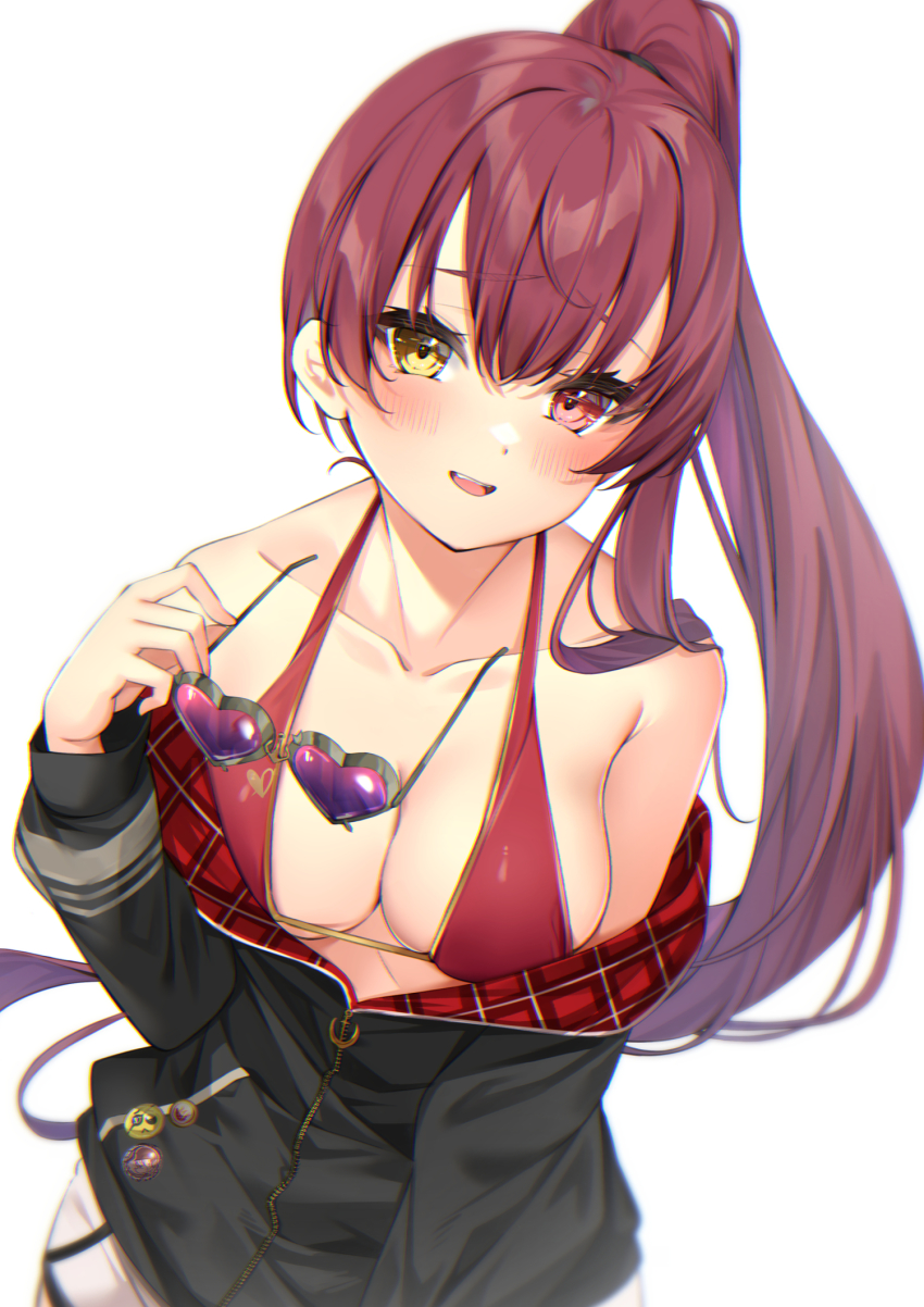 1girl bad_id bad_twitter_id bare_shoulders bikini black_jacket blush breasts cleavage collarbone unworn_eyewear floating_hair hair_between_eyes halterneck heart heart-shaped_eyewear highres holding holding_removed_eyewear hololive hololive_fantasy houshou_marine houshou_marine_(summer) izumi_kei jacket large_breasts long_hair long_sleeves looking_at_viewer off_shoulder open_mouth partially_unzipped ponytail red_bikini red_eyes red_hair simple_background smile solo string_bikini swimsuit upper_body very_long_hair virtual_youtuber white_background yellow_eyes