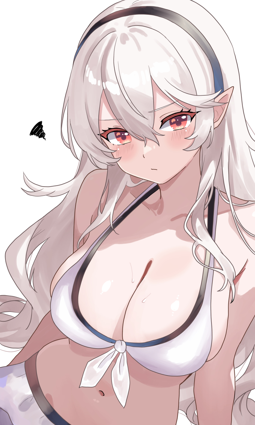 1girl absurdres annoyed bikini black_hairband blush breasts cleavage closed_mouth commentary_request corrin_(female)_(fire_emblem) corrin_(female)_(novice_vacationer)_(fire_emblem) corrin_(fire_emblem) double-parted_bangs eyelashes fire_emblem fire_emblem_fates fire_emblem_heroes frown hair_between_eyes hairband halterneck highres large_breasts long_hair looking_at_viewer loose_hair_strand n_54 navel nintendo official_alternate_costume pointy_ears red_eyes simple_background solo squiggle swimsuit white_background white_bikini white_hair