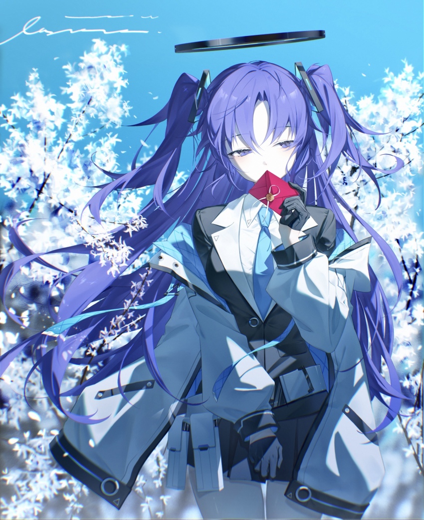 1girl black_halo blue_archive blue_necktie flower halo highres jacket jacket_partially_removed letter mechanical_halo necktie purple_eyes purple_hair skirt solo triangle_hair_ornament tugdkirwadxxx two-sided_fabric two-sided_jacket two_side_up white_flower yuuka_(blue_archive)