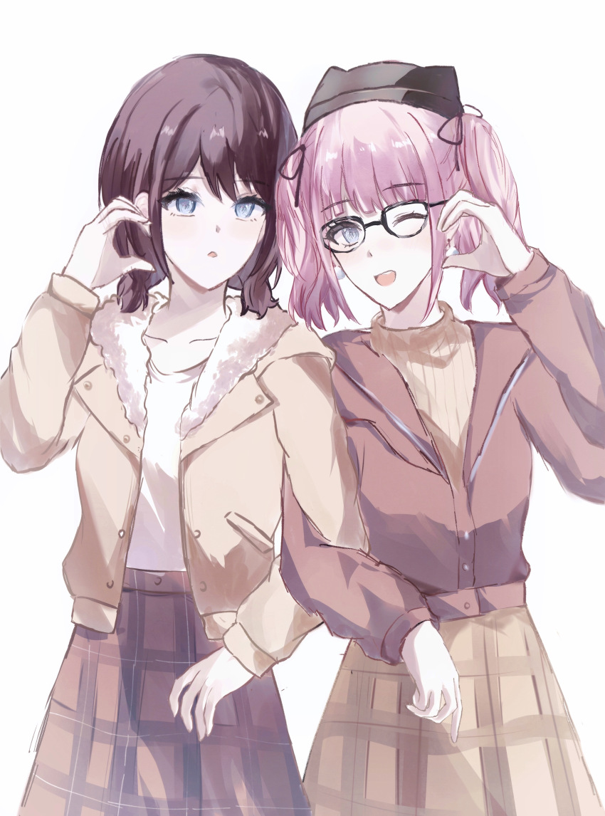 2girls absurdres black_hat blue_eyes brown_hair brown_jacket brown_skirt brown_sweater chinese_commentary commentary_request girls_band_cry glasses grey_eyes hat heart heart_hands heart_hands_duo highres hina_(girls_band_cry) iseri_nina jacket locked_arms long_sleeves looking_at_viewer low_twintails multiple_girls one_eye_closed open_clothes open_jacket open_mouth pink_hair red_jacket red_skirt shirt short_hair short_twintails simple_background skirt sweater twintails white_background white_shirt yingdaoyicha