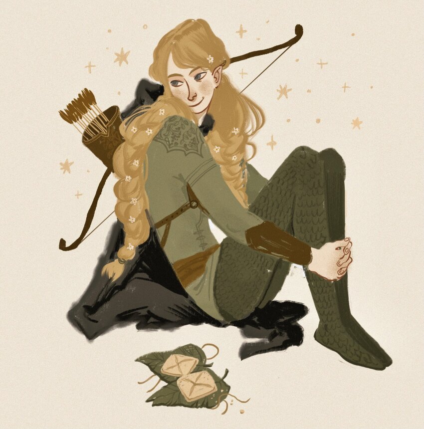 1boy armor arrow_(projectile) belt blonde_hair blush bow_(weapon) bracer braid bread brown_background chainmail chest_harness closed_mouth commentary_request elf film_grain flower food green_pants green_shirt grey_cloak grey_eyes hair_flower hair_ornament harness highres hugging_own_legs leaf legolas long_hair looking_to_the_side male_focus on_ground on_leaf pants pointy_ears quiver russian_commentary shirt simple_background sitting smile solo sparkle the_lord_of_the_rings tolkien&#039;s_legendarium twin_braids weapon weapon_on_back white_flower yaroslava_murashko