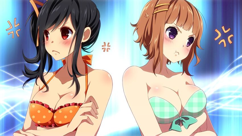 2girls anger_vein angry ayumi_(sakura_beach) bikini black_hair breasts cleavage crossed_arms frown game_cg inma multiple_girls nene_(sakura_beach) pout sakura_beach side_ponytail swimsuit