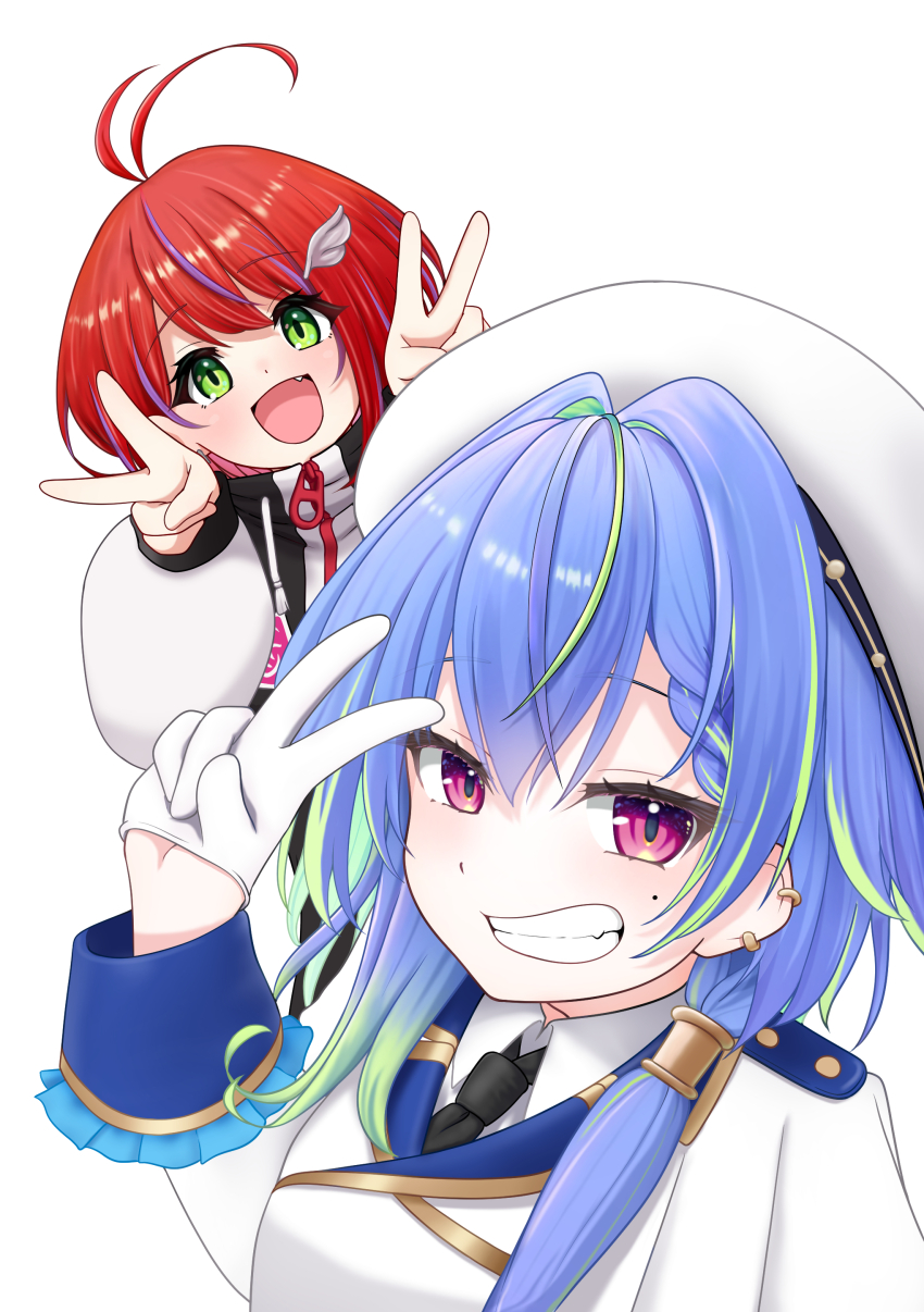 2girls absurdres akane_canna akane_canna_(2nd_costume) antenna_hair black_coat black_necktie blue_hair blush coat commentary_request cuore_0624 double_v gloves green_eyes green_hair grin hat highres jacket looking_at_viewer mole mole_under_eye multicolored_coat multicolored_hair multiple_girls nanashi_inc. necktie open_mouth pink_eyes purple_hair red_hair short_hair simple_background smile streaked_hair suzumi_nemo suzumi_nemo_(3rd_costume) two-tone_coat two-tone_hair upper_body v virtual_youtuber white_background white_coat white_gloves white_hat white_jacket zipper