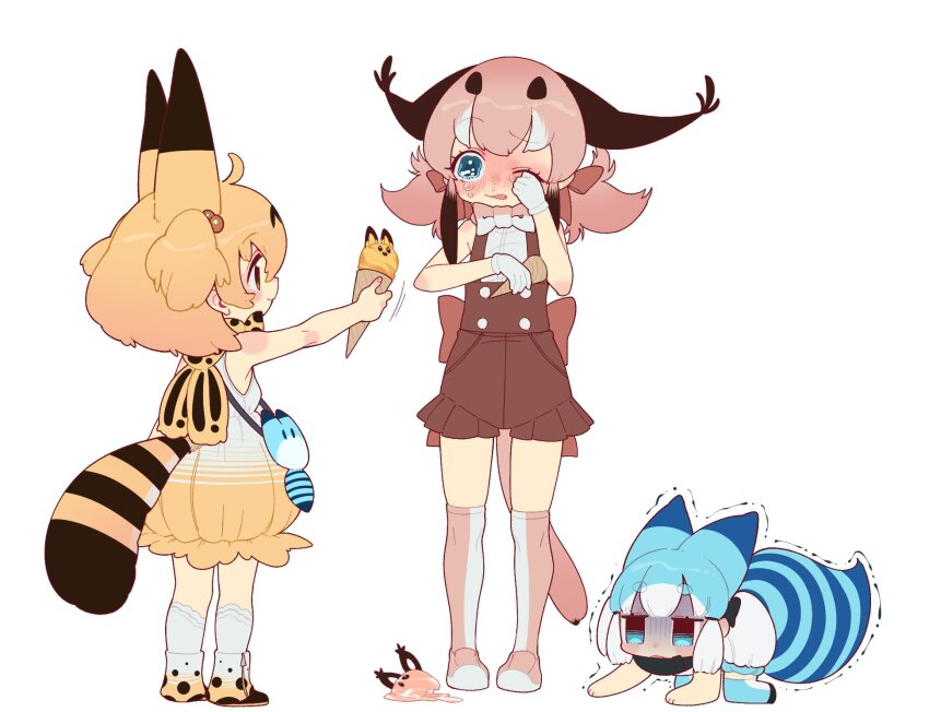 3girls aged_down animal_ears blonde_hair blue_eyes blush bow bowtie brown_bow brown_bowtie brown_hair caracal_(kemono_friends) crying dropped_food extra_ears food gloves highres holding holding_food holding_ice_cream holding_ice_cream_cone humanization ice_cream ice_cream_cone kemono_friends long_hair lucky_beast_(kemono_friends) multicolored_hair multiple_girls notora one_eye_closed print_bow print_bowtie serval_(kemono_friends) serval_print shirt short_hair simple_background sleeveless sleeveless_shirt soft_serve tail thighhighs traditional_bowtie two-tone_bow two-tone_bowtie