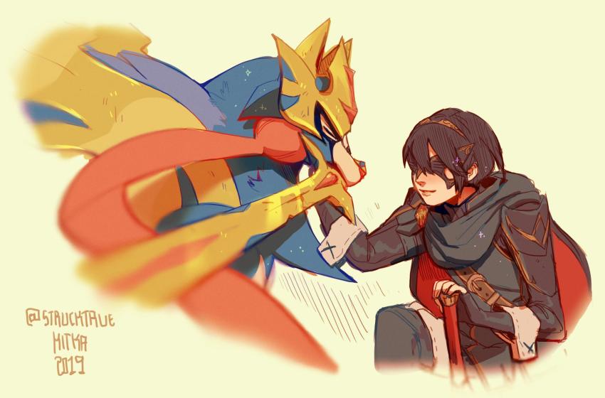 1girl blue_fur blue_hair cape creatures_(company) falchion_(fire_emblem) fingerless_gloves fire_emblem fire_emblem_awakening game_freak gen_8_pokemon gloves highres holding holding_sword holding_weapon kitkaloid legendary_pokemon lucina_(fire_emblem) marth_(fire_emblem_awakening) mask nintendo pokemon pokemon_(creature) pokemon_swsh reverse_trap short_hair smile super_smash_bros. sword tiara weapon wolf yellow_background zacian zacian_(crowned)