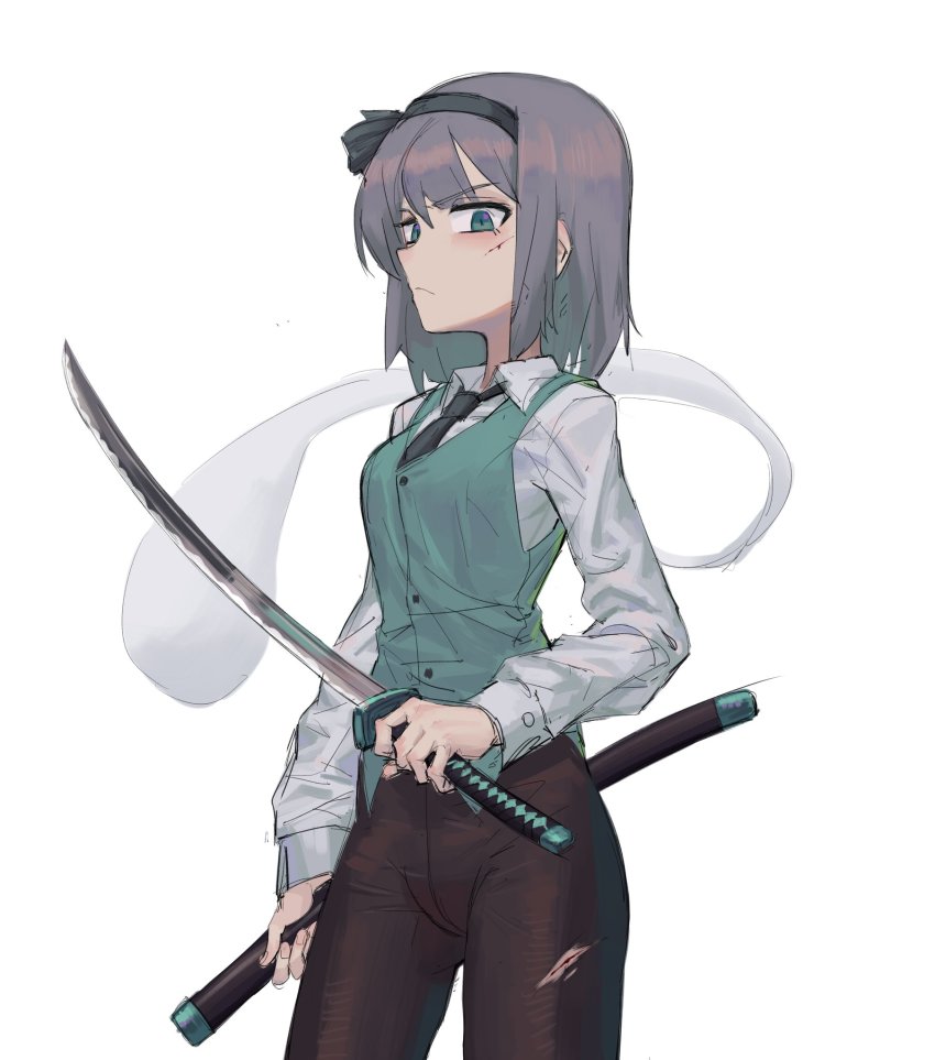 1girl black_hairband black_necktie black_pants black_ribbon blood bow_hairband closed_mouth collared_shirt cowboy_shot cuts fingernails frown green_eyes grey_hair hair_ribbon hairband highres holding holding_sheath holding_sword holding_weapon injury konpaku_youmu konpaku_youmu_(ghost) long_sleeves looking_at_viewer max-k necktie pants ribbon sheath shirt short_hair simple_background sketch solo sweatpants sword torn_clothes touhou v-shaped_eyebrows weapon white_background white_shirt