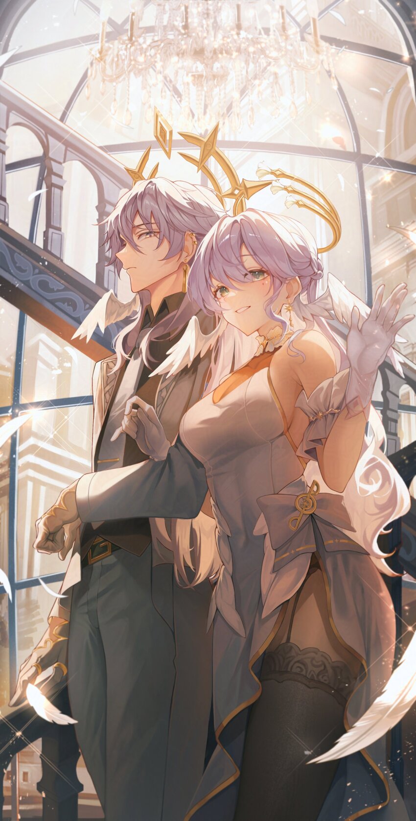 1boy 1girl absurdres alternate_costume bare_shoulders black_thighhighs blue_hair brother_and_sister cela_(akeeeeee675) detached_sleeves dress earrings face_jewel falling_feathers feathers garter_straps gloves hair_between_eyes halo head_wings highres honkai:_star_rail honkai_(series) indoors jewel_under_eye jewelry long_hair parted_lips robin_(honkai:_star_rail) short_sleeves siblings smile sunday_(honkai:_star_rail) thighhighs white_dress white_gloves white_wings wings