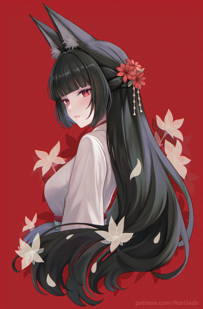 1girl animal_ears black_hair braid bright_pupils brown_eyes closed_mouth commentary commentary_request cropped_torso crown_braid english_commentary flower fox_ears from_side hair_flower hair_ornament highres hoshimi_miyabi long_hair looking_to_the_side narijade patreon_username red_background red_flower shirt solo white_pupils white_shirt zenless_zone_zero