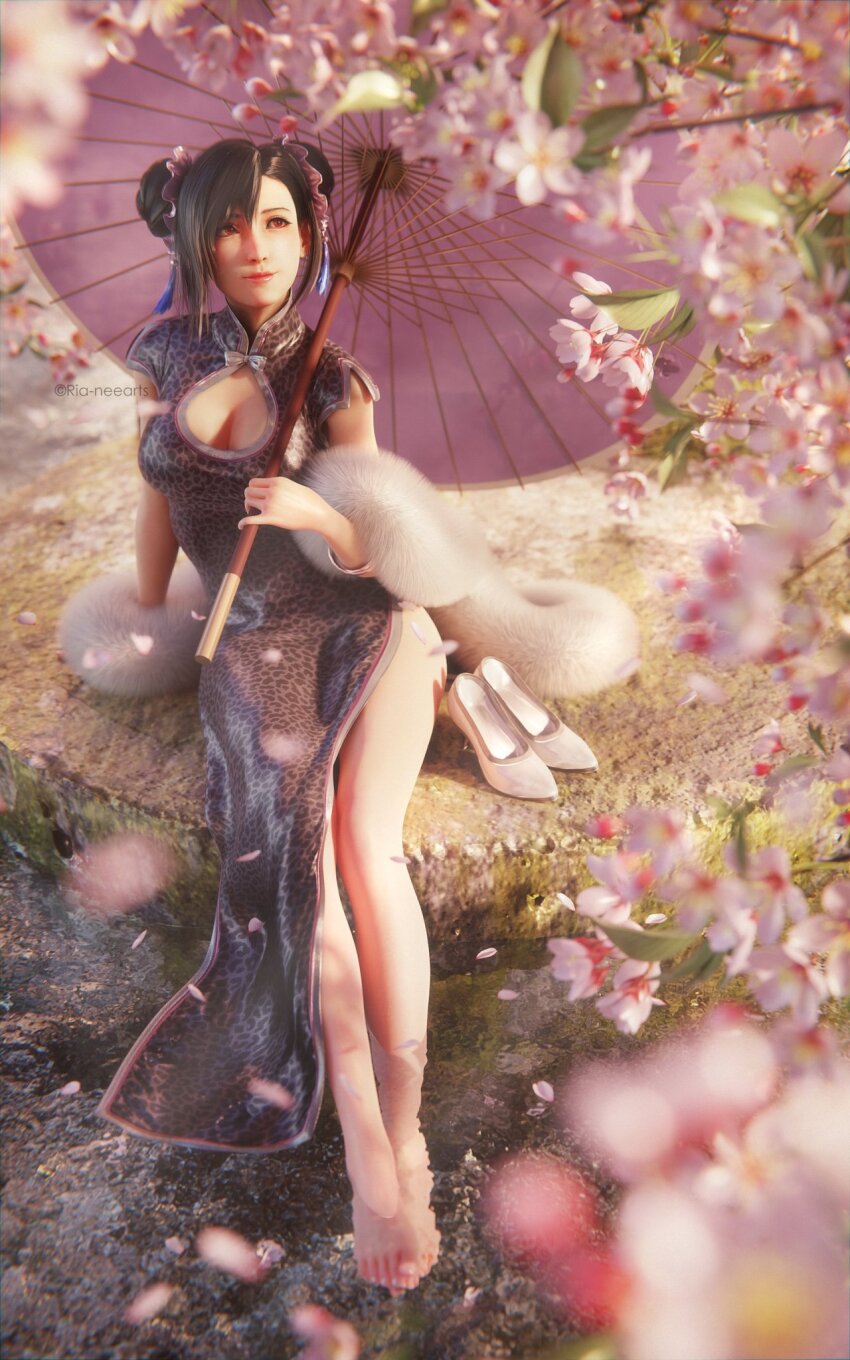 1girl 3d animal_print barefoot black_hair breasts cherry_blossoms china_dress chinese_clothes cleavage cleavage_cutout closed_mouth clothing_cutout commentary double_bun dress feet final_fantasy final_fantasy_vii final_fantasy_vii_remake flower full_body hair_bun hair_ornament hand_on_ground high_heels highres large_breasts leopard_print looking_up nature official_alternate_costume oil-paper_umbrella outdoors pink_umbrella red_eyes ria_(baka-neearts) short_hair sitting smile solo swept_bangs thighs tifa_lockhart tifa_lockhart_(sporty_dress) umbrella upper_body