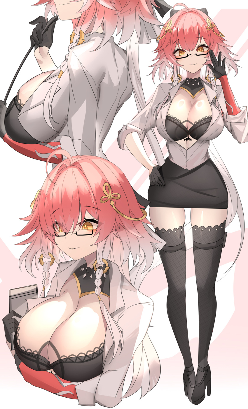 1girl ahoge black_gloves black_skirt black_thighhighs breasts changli_(wuthering_waves) cleavage collared_shirt detached_collar full_body glasses gloves gradient_hair hair_ornament high_heels highres large_breasts long_hair long_sleeves looking_at_viewer multicolored_hair multiple_views orange_hair pencil_skirt shirt sidelocks skirt smile thighhighs weyas_kayur white_hair white_shirt wuthering_waves yellow_eyes