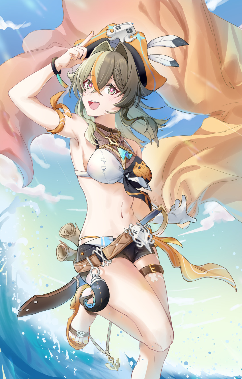 1girl absurdres armpits bare_legs belt bikini bikini_under_shorts black_shorts breasts brown_hair green_sky grey_eyes hair_intakes hat highres honkai_(series) honkai_impact_3rd light_brown_hair medium_breasts multicolored_bikini multicolored_clothes multicolored_hair navel official_alternate_costume open_mouth orange_hair outdoors pirate_hat sandals short_hair short_shorts shorts sky solo standing standing_on_one_leg stomach streaked_hair swimsuit sword teeth thigh_belt thigh_strap toes upper_teeth_only vill-v vill-v_(i&#039;m_the_storm) waves weapon yuuz123