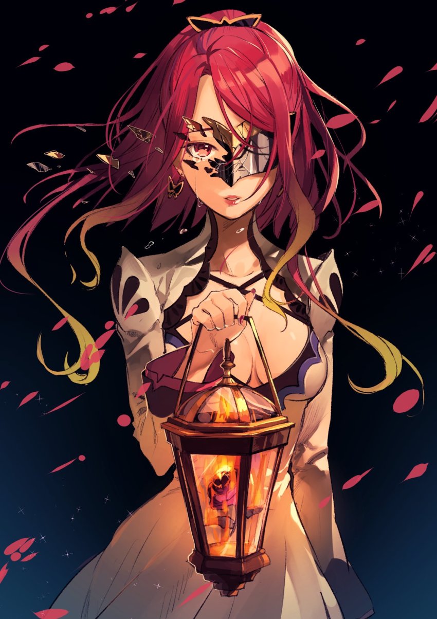 1girl bad_id bad_twitter_id breasts cleavage dress earrings female_focus hair_ornament highres jewelry large_breasts long_hair looking_at_viewer mask multicolored_hair ponytail red_hair seres_(tales) short_dress short_hair solo streaked_hair tales_of_(series) tales_of_berseria white_background