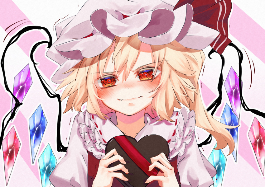 1girl absurdres blonde_hair blush box calpis118 crystal flandre_scarlet frilled_shirt_collar frills gift gift_box hat head_tilt heart heart-shaped_box highres holding holding_gift looking_at_viewer mob_cap nervous red_eyes simple_background solo touhou trembling upper_body valentine wavy_mouth white_background white_hat wings