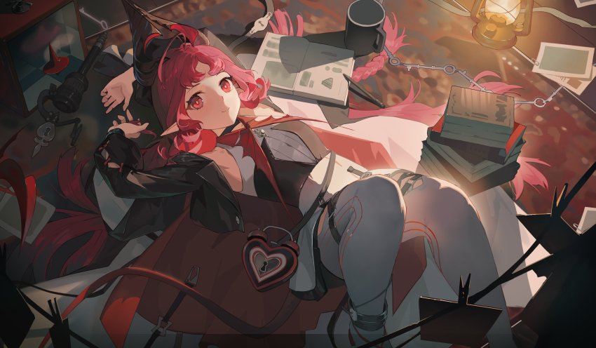 1girl absurdres arknights arms_up bayun black_choker black_jacket braid bright_pupils choker closed_mouth cup feet_out_of_frame highres infection_monitor_(arknights) jacket keyhole knees_up lantern long_hair long_sleeves looking_at_viewer lying mug nymph_(arknights) on_back pantyhose parted_bangs pink_hair red_eyes smile solo white_pantyhose white_pupils