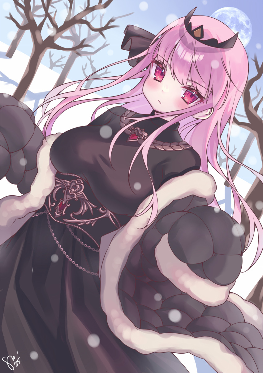 1girl bare_tree black_coat black_dress black_tiara blue_sky blush breasts closed_mouth coat commentary day dress full_moon highres hololive hololive_english large_breasts long_hair long_sleeves looking_at_viewer moon mori_calliope odyssey_(hololive_english) outdoors pink_eyes pink_hair sky sleeves_past_fingers sleeves_past_wrists solo tiara tree very_long_sleeves virtual_youtuber watashishi