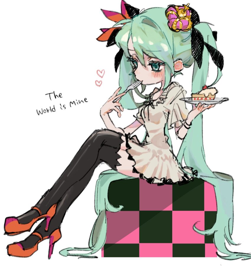 1girl ao_6336 blue_eyes blue_hair blush cake cake_slice crossed_legs crown dress eating food fork hatsune_miku heart high_heels highres holding holding_fork holding_plate long_hair mini_crown plate short_sleeves sitting solo song_name thighhighs twintails very_long_hair vocaloid world_is_mine_(vocaloid)