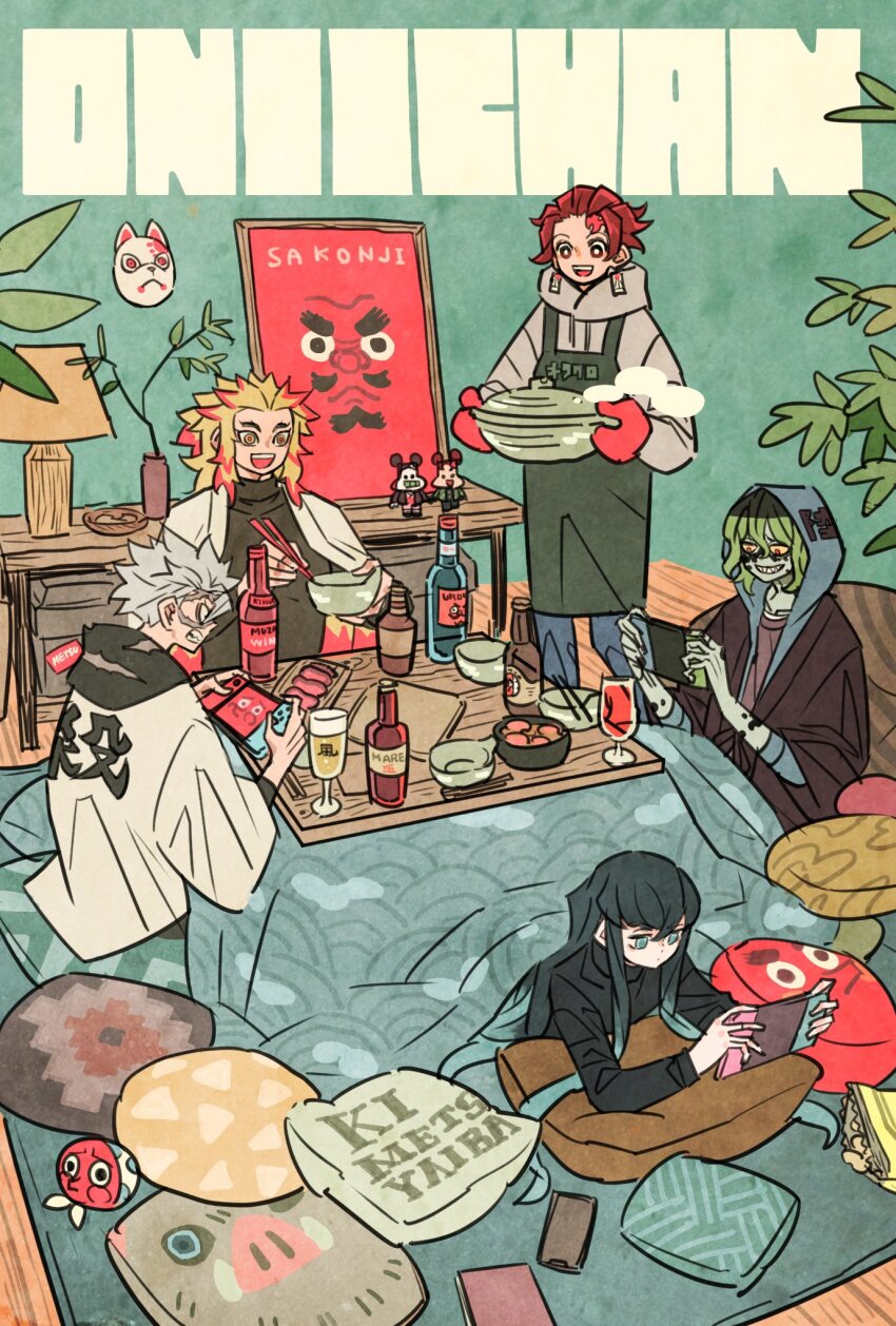 5boys alcohol apron beer blonde_hair blue_hair bottle bowl chopsticks commentary_request cooking_pot copyright_name earrings gloves green_apron green_hair grey_hair gyuutarou_(kimetsu_no_yaiba) haori highres holding holding_bowl holding_chopsticks holding_cooking_pot hood hoodie japanese_clothes jewelry kamado_nezuko kamado_tanjirou kimetsu_no_yaiba kotatsu long_hair male_focus mask multiple_boys nintendo_switch pillow red_gloves red_hair rengoku_kyoujurou scar scar_on_face shinazugawa_sanemi short_hair smile smoke table takeuchi_ryousuke tengu_mask tokitou_muichirou turtleneck under_kotatsu under_table