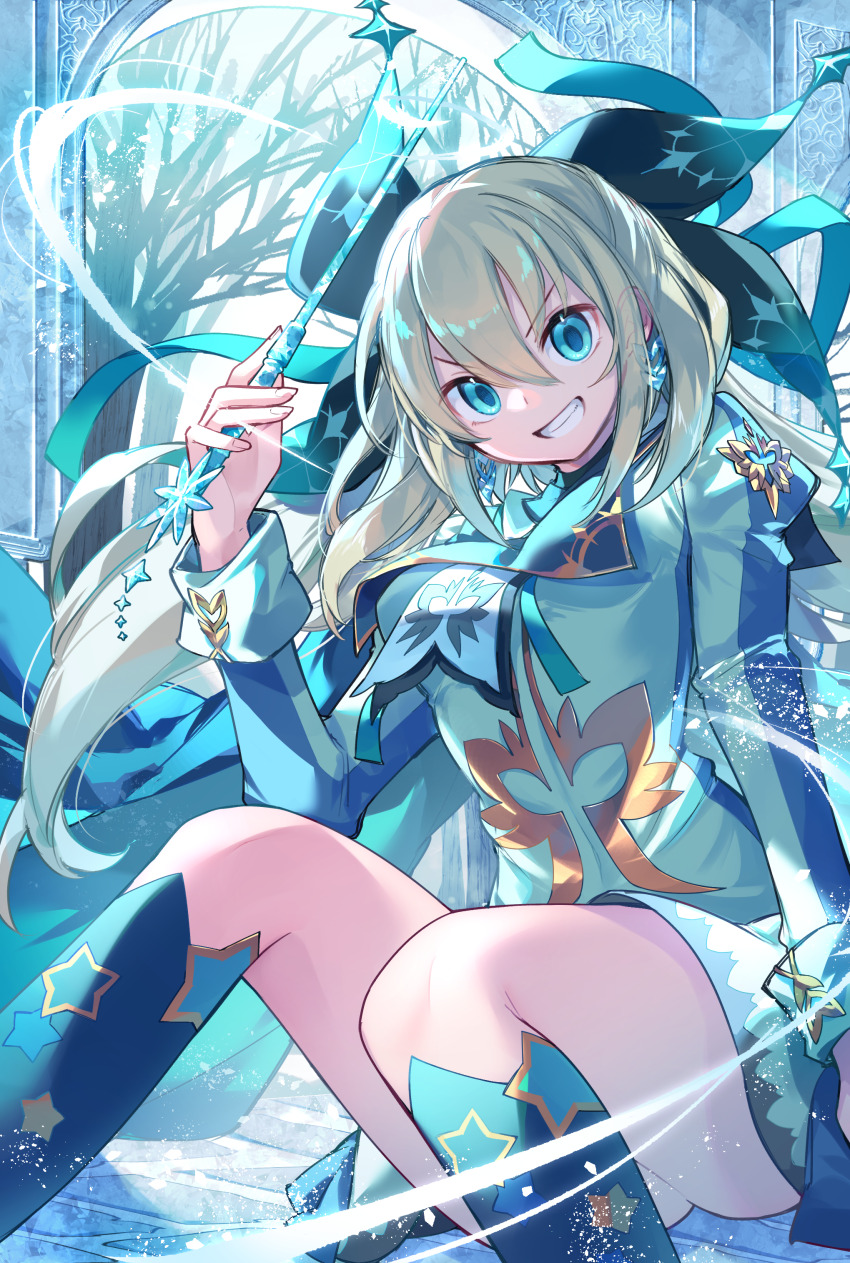 1girl absurdres blue_dress blue_eyes commentary_request dress frost grey_hair grin hair_between_eyes highres holding holding_wand ice kneehighs kuuron_(moesann17) long_hair long_sleeves looking_at_viewer puzzle_&amp;_dragons ribbon sitting smile socks solo sophie_(p&amp;d) star_(symbol) star_print wand