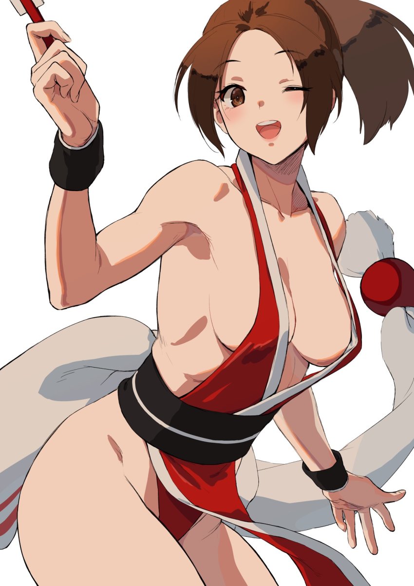 1girl bare_shoulders beniazumaru breasts brown_hair cleavage fatal_fury hand_fan highres large_breasts long_hair looking_at_viewer ninja one_eye_closed panties pelvic_curtain ponytail shiranui_mai sideboob sleeveless the_king_of_fighters underwear wink