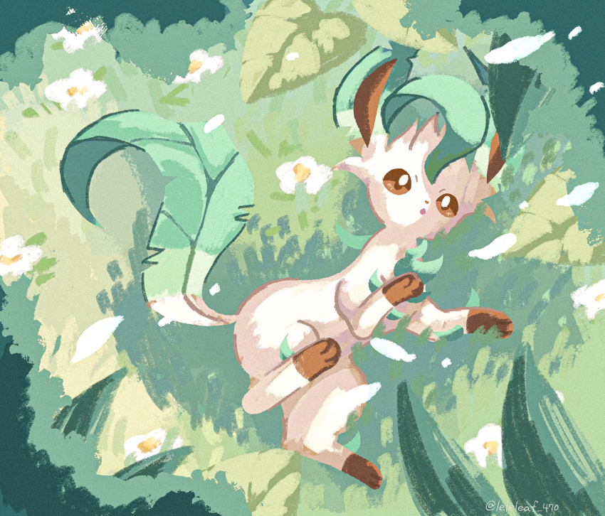 animal_focus bright_pupils brown_eyes creatures_(company) day flower full_body game_freak gen_4_pokemon grass highres leaf_(pixiv17652941) leafeon lying nintendo no_humans on_side open_mouth outdoors pokemon pokemon_(creature) solo twitter_username white_flower white_pupils