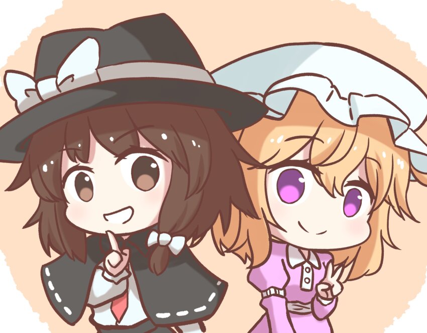 2girls :d black_capelet black_hat black_skirt blonde_hair bow brown_eyes brown_hair capelet chibi closed_mouth commentary_request dress fedora hat hat_bow highres index_finger_raised juliet_sleeves long_hair long_sleeves maribel_hearn medium_hair mob_cap multiple_girls necktie open_mouth puffy_sleeves purple_dress purple_eyes red_necktie ribbon-trimmed_capelet ribbon_trim sash shinyafuru shirt skirt smile touhou usami_renko v white_bow white_hat white_sash white_shirt