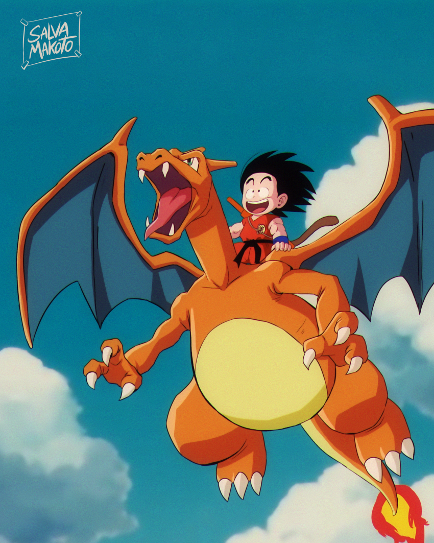 1990s_(style) 1boy absurdres blue_sky charizard cloud commentary_request creatures_(company) crossover dougi dragon_ball dragon_ball_(classic) game_freak gen_1_pokemon highres male_focus monkey_tail nintendo official_style pokemon pokemon_(creature) retro_artstyle riding ruyi_jingu_bang salvamakoto signature sky son_goku spanish_commentary tail wristband