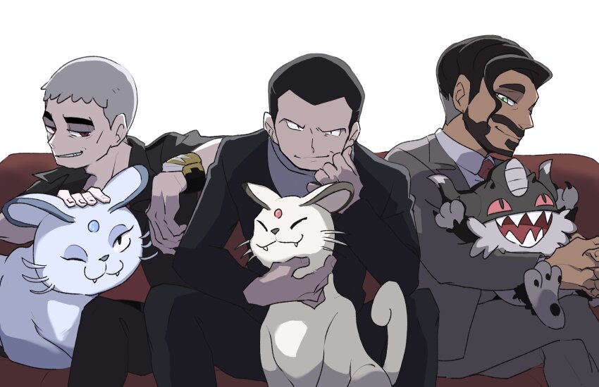 3boys 4keta alolan_form alolan_persian arm_on_another&#039;s_shoulder arms_up bags_under_eyes beard black_hair black_pants black_suit blue_gemstone cat claws closed_eyes collared_shirt colored_sclera commentary_request couch creatures_(company) crossed_legs dark-skinned_male dark_skin elbow_on_knee facial_hair fangs feet_out_of_frame forehead_jewel formal_clothes game_freak gem gen_7_pokemon gen_8_pokemon giovanni_(pokemon) green_eyes grey_fur grey_hair grey_pants grey_shirt grey_suit hand_on_another&#039;s_chin highres horns layered_sleeves looking_at_viewer looking_to_the_side male_focus mature_male multiple_boys mustache nanu_(pokemon) necktie nintendo on_couch on_lap one_eye_closed open_collar open_mouth own_hands_clasped own_hands_together pants pawpads perrserker persian_(pokemon) pokemon pokemon_rgby pokemon_sm pokemon_swsh red_eyes red_gemstone red_necktie red_sclera rose_(pokemon) sharp_teeth shirt short_hair sideways_glance sitting sitting_on_lap sitting_on_person smile suit tail teeth tongue whiskers white_background white_fur white_shirt wing_collar